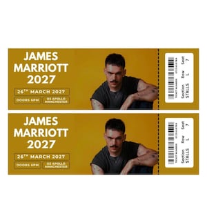 May include: Two identical mustard yellow concert tickets for James Marriott 2027 on 26th March 2027 at O2 Apollo Manchester. Each ticket features a photograph of a person with a moustache in a dark shirt, a barcode, and seat details: Section Stalls, Row L, Seat 7.