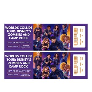 May include: Two identical event tickets for the Worlds Collide Tour: Disney's Zombies and Camp Rock on 10th February 2027 at AO Arena Manchester. The purple tickets feature a group of performers, a barcode, and seat details: Section 118, Row U, Seat 530.