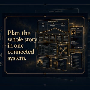 May include: A digital story planning interface with a dark background and gold glowing lines. The text reads, Plan the whole story in one connected system. It features a story overview graph, a scene planner table, character hub, and timeline.