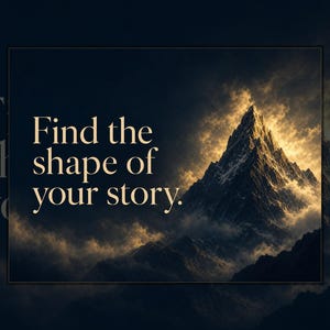 Puede incluir: Una impresión gráfica rectangular que muestra un pico de montaña oscuro y dramático iluminado por una luz dorada entre nubes arremolinadas. El texto "Find the shape of your story." está impreso en una fuente serif de color beige claro.