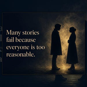 May include: A rectangular print featuring the text "Many stories fail because everyone is too reasonable." The image displays the silhouettes of two people standing face-to-face against a dark, smoky background with a warm, golden light glow.