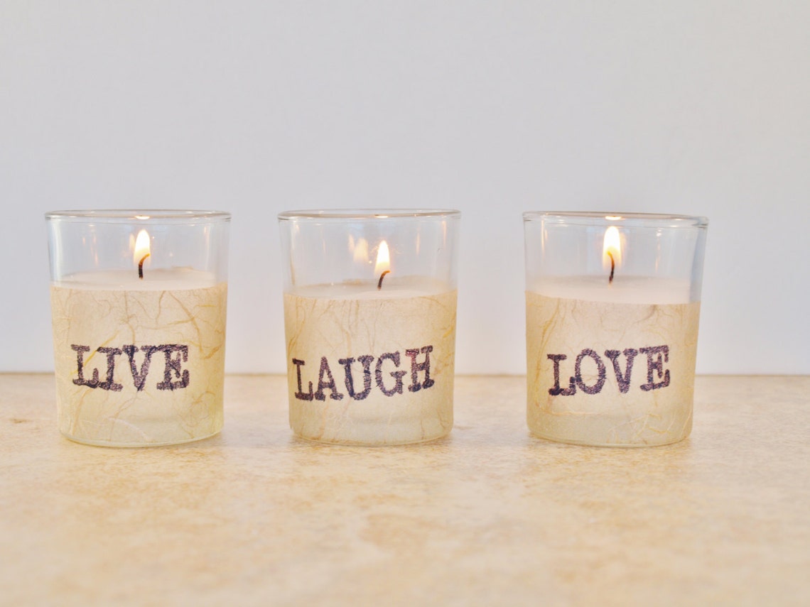 3 Wedding Votive Candles LIVE LAUGH LOVE Rustic Lighting Etsy