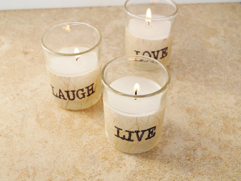 3 Wedding Votive Candles LIVE LAUGH LOVE Rustic Lighting Etsy