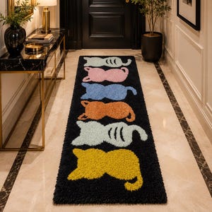 Hand Tufted Cat Runner Rug, Colorful Sleeping Cats Wool Runner, Modern Hallway Rug, Nursery Rug, Entryway Carpet, Handmade Gift