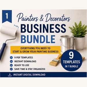 May include: A digital business bundle for painters and decorators. The image features a paint roller, paint can, and brush. Text includes "Painters & Decorators BUSINESS BUNDLE" and "9 PDF TEMPLATES". The bundle is for instant download.