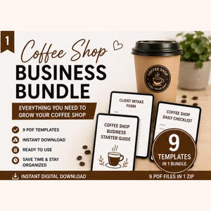 Puede incluir: Un paquete de negocios de cafetería con el texto "Coffee Shop Business Bundle" y "Everything You Need to Grow Your Coffee Shop". Incluye 9 plantillas PDF, una taza de café e información de descarga digital.