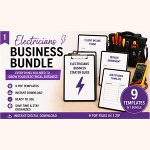 Könnte beinhalten: Ein Business-Bundle für Elektriker mit Starter-Guide, Kundenaufnahmeformular, Servicevereinbarung und Kostenvoranschlagsvorlage. Enthält 9 PDF-Vorlagen in einer ZIP-Datei. Eine schwarze Werkzeugtasche und ein Multimeter sind ebenfalls sichtbar.