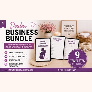 以下が含まれることがあります： 9つのPDFテンプレートを備えたデジタルDoulas Business Bundle。画像は、「Doulas Business Bundle」と「Doulaビジネスを成長させるために必要なすべて」というテキストが入った紫と白のデザインです。スターターガイドとクライアントインテークフォームが含まれています。