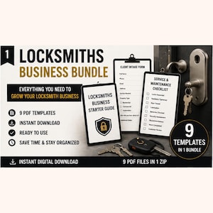 May include: A digital locksmith business bundle with 9 PDF templates. Includes a starter guide, client intake form, and service checklist. The image features keys, a car key, and a door lock, with text that reads "Instant Digital Download."