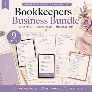 May include: A digital bookkeeping business bundle with 9 PDF files, including client forms, business tools, and marketing ideas. The image features a calculator, a notebook, and various worksheets. Text includes "Bookkeepers Business Bundle" and "Get Organized."