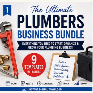 May include: An advertisement for a plumbing business bundle. The image features a red pipe wrench, brass fittings, and a clipboard with text. The text reads "The Ultimate Plumbers Business Bundle" and "9 Templates in 1 Bundle."