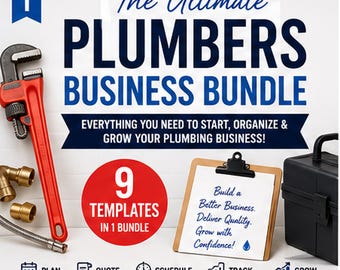 May include: An advertisement for a plumbing business bundle. The image features a red pipe wrench, brass fittings, and a clipboard with text. The text reads "The Ultimate Plumbers Business Bundle" and "9 Templates in 1 Bundle."