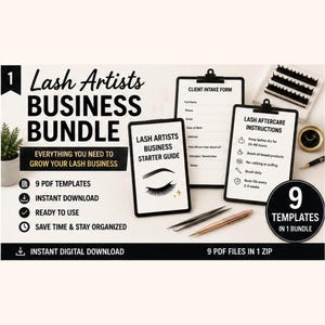 May include: A business bundle for lash artists, featuring a starter guide, client intake form, and aftercare instructions. Includes 9 PDF templates for instant download. The bundle is designed to help lash artists grow their business and stay organized.