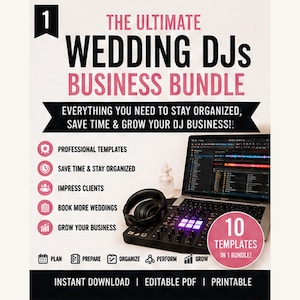 May include: A promotional image for a wedding DJ business bundle. The text reads "THE ULTIMATE WEDDING DJS BUSINESS BUNDLE" with supporting text. A laptop, DJ mixer, and headphones are visible. The bundle includes 10 templates and is an instant download.