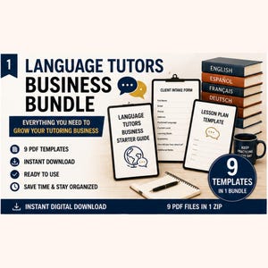 May include: A Language Tutors Business Bundle graphic with the text "Everything You Need to Grow Your Tutoring Business." Includes templates, a starter guide, and a client intake form. A stack of books with language names is also visible.