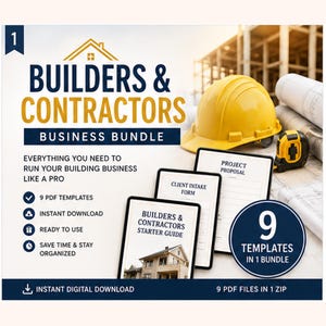May include: A digital business bundle for builders and contractors. The image features a yellow hard hat, a measuring tape, and three tablets displaying forms and guides. Text includes "Builders & Contractors Business Bundle" and "9 PDF Templates".
