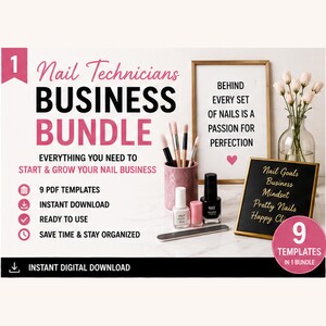 Op de afbeelding: Een digitale business bundle voor nagelstylisten. De afbeelding toont een roze en zwart ontwerp met de tekst "Nail Technicians Business Bundle". Het bevat sjablonen, direct downloaden en is klaar voor gebruik. Er zijn nagellakflesjes, penselen en een ingelijste quote.