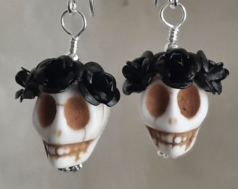 Dia de los Muertos Earrings - White Skull w/ Black Flowers