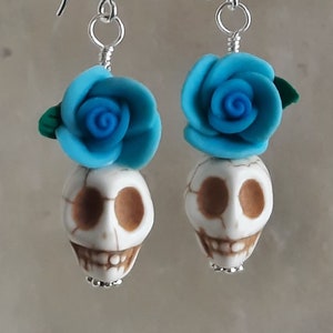 Dia de los Muertos Earrings - White Skull with Blue Flower