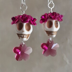 Dia de los Muertos Pink Flowers and White Skull Earrings image 1