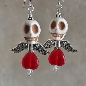 Dia de los Muertos Earrings - White Winged Skull and Red Glass Heart Earrings
