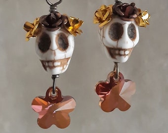 Dia de los Muertos  Earrings - White Skull w/ yellow & bronze flowers and copper/pink crystal flower