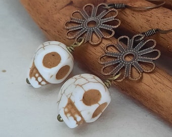 Copper Flower Skull Earrings - Dia de los Muertos Calavera Earrings