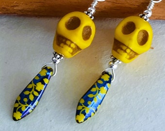 Yellow Skull Earrings with yellow and violet floral accents