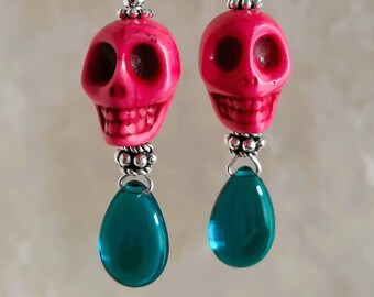 Peacock Quartz Calavera Earrings - Pink Howlite Skull w/ Blue-Green Quartz Drop