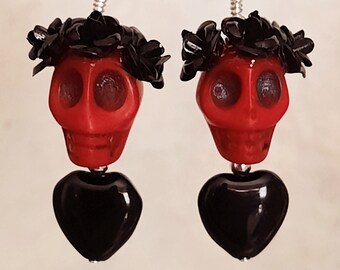 Dia de los Muertos Earrings - Red Howlite Skull w/ Black Flowers & Black Glass Heart