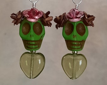 Dia de los Muertos Earrings - Green Howlite Skull w/ Bronze and Pink Flowers & Glass Heart