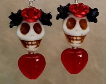 Dia de los Muertos Earrings - White Howlite Skull w/ Black and Red Flowers & Red Glass Heart