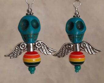 Winged Calavera  - Turquoise Skull w/ Rainbows & Wings - Dia de los Muetos