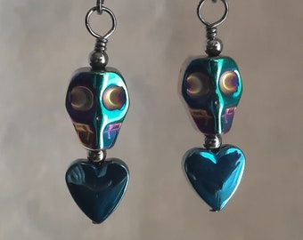 Colorful Metallic Skull & Heart Earrings