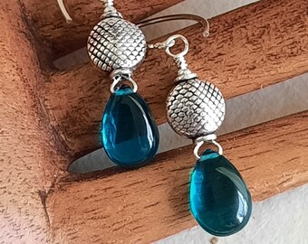 Blue-Green Peacock Quartz & Silver Earrings