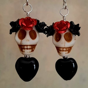 Dia de los Muertos Earrings - White Howlite Skull w/ Black and Red Flowers & Black Glass Heart