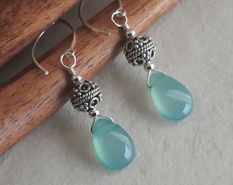 Aqua Blue Chalcedony Drop Earrings - Blue Chalcedony & Silver Earrings