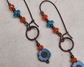 Winter blue flower earrings - czech glass flower, orange carnelian, blue jade, antique copper & brass, drop earrings