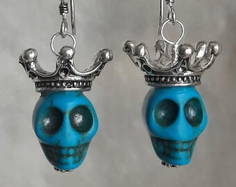 Royal Skull Earrings - Dia de los Muertos Calavera Earrings - Skull with Crown Earrings