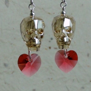 Swarovski Crystal Skull Earrings - Golden Shadow Crystal Skull with Crystal Heart Earrings