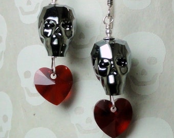 Swarovski Crystal Skull Earrings - Silver Night Crystal Skull with Crystal Heart Earrings