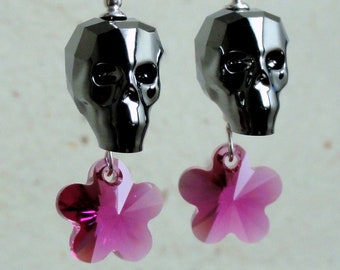 Swarovski Crystal Skull Earrings - Silver Night Crystal Skull with Crystal Flower Earrings