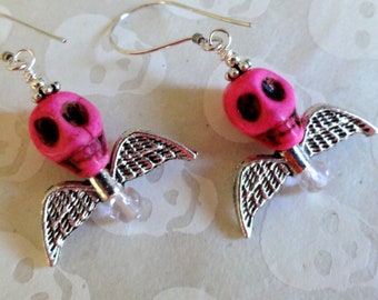 Winged Skull Earrings - Pink Howlite Skull Bat Wing Earrings - Dia de los Muertos Earrings