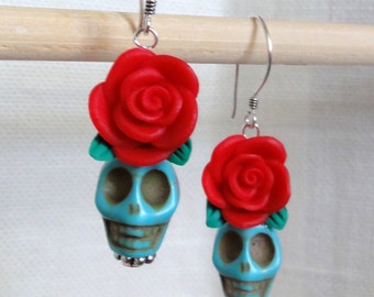 Dia de los Muertos Earrings - Turquoise Skull w/ Red Flower