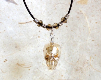 Swarovski Crystal Skull Necklace - Translucent Gold Skull, Beaded Leather Necklace