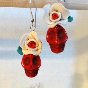 Dia de los Muertos Earrings Red Skull w/ White Flower image 2