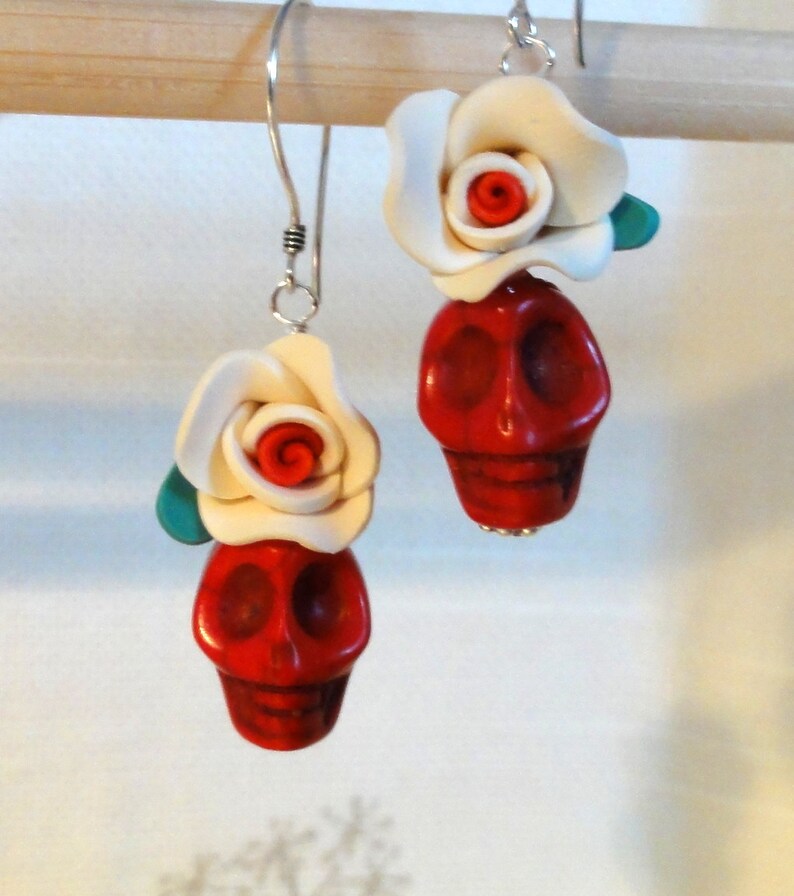 Dia de los Muertos Earrings Red Skull w/ White Flower image 2