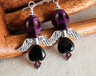 Dia de los Muertos Earrings - Purple Winged Skull Earrings