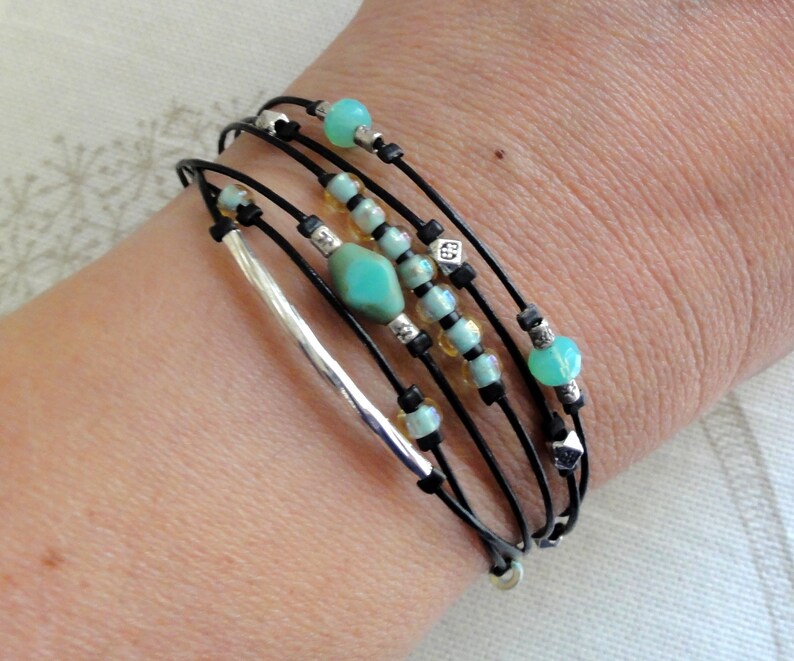 Multistrand Leather Beaded Bracelet Aqua Turquoise Etsy