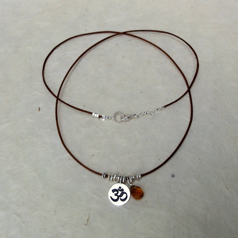 Silver, Leather & Citrine OM Necklace image 2